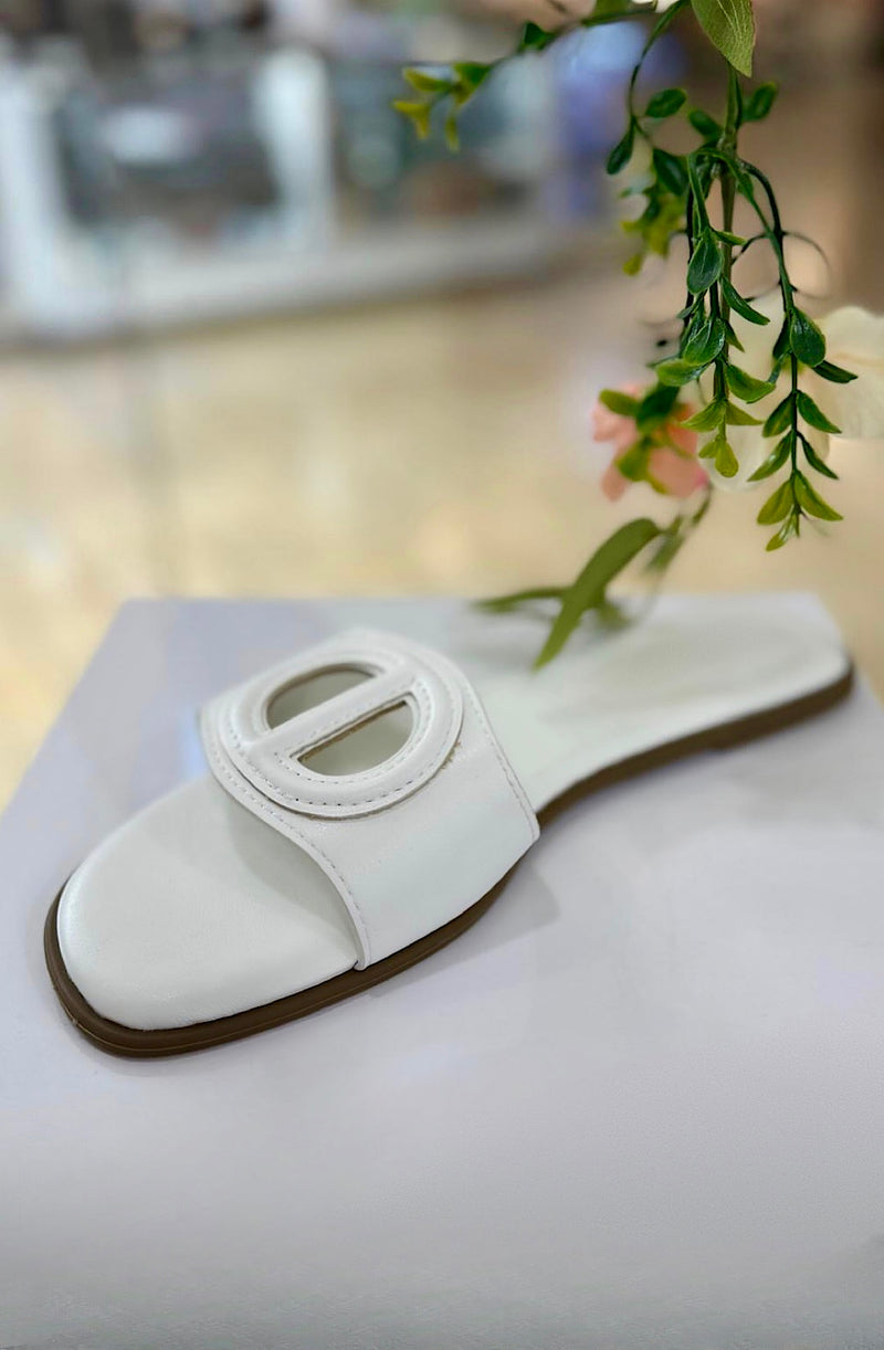 White Oval Buckle Cut-Out Slide Sandals