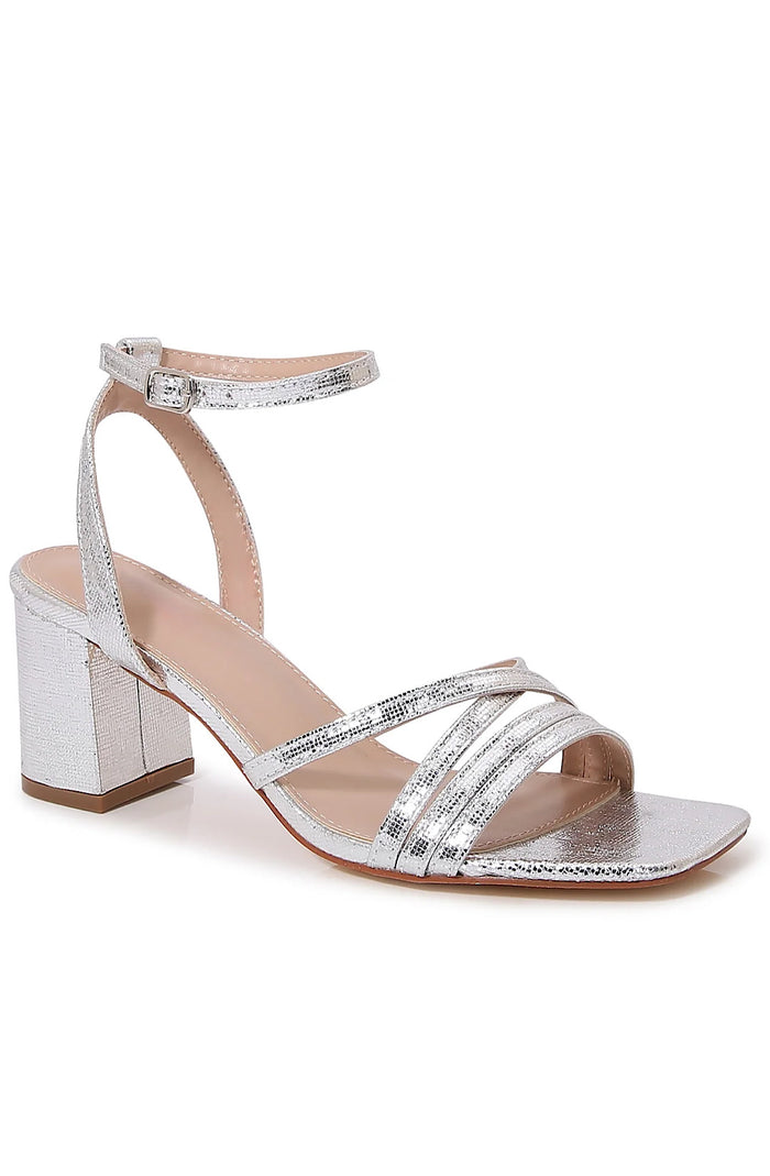 Silver Chunky Block Heel Strappy Sandals