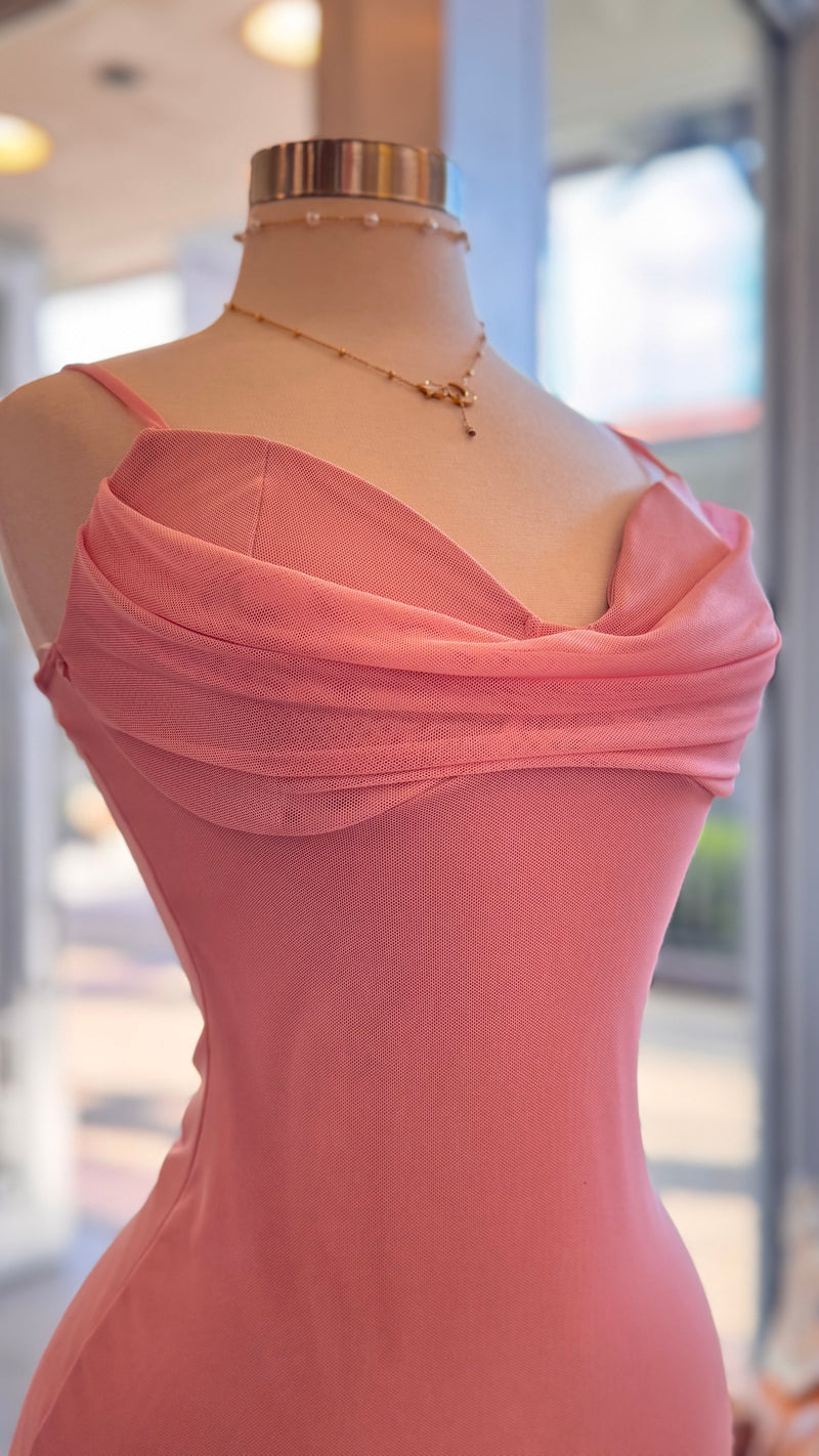 Pink Ruffle Slit Mesh Maxi Dress