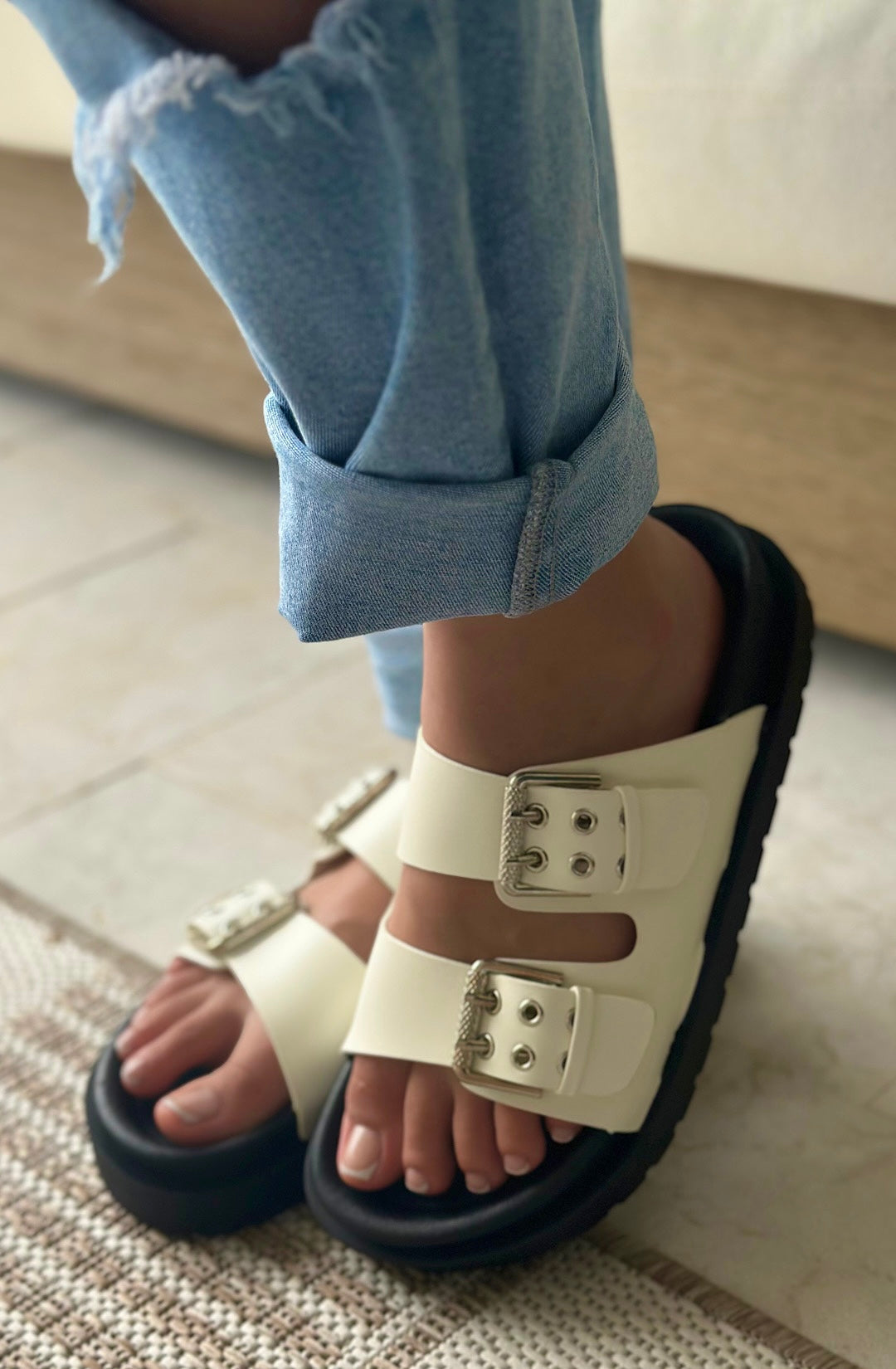 White Buckle Slide Sandals