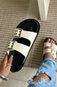 White Buckle Slide Sandals