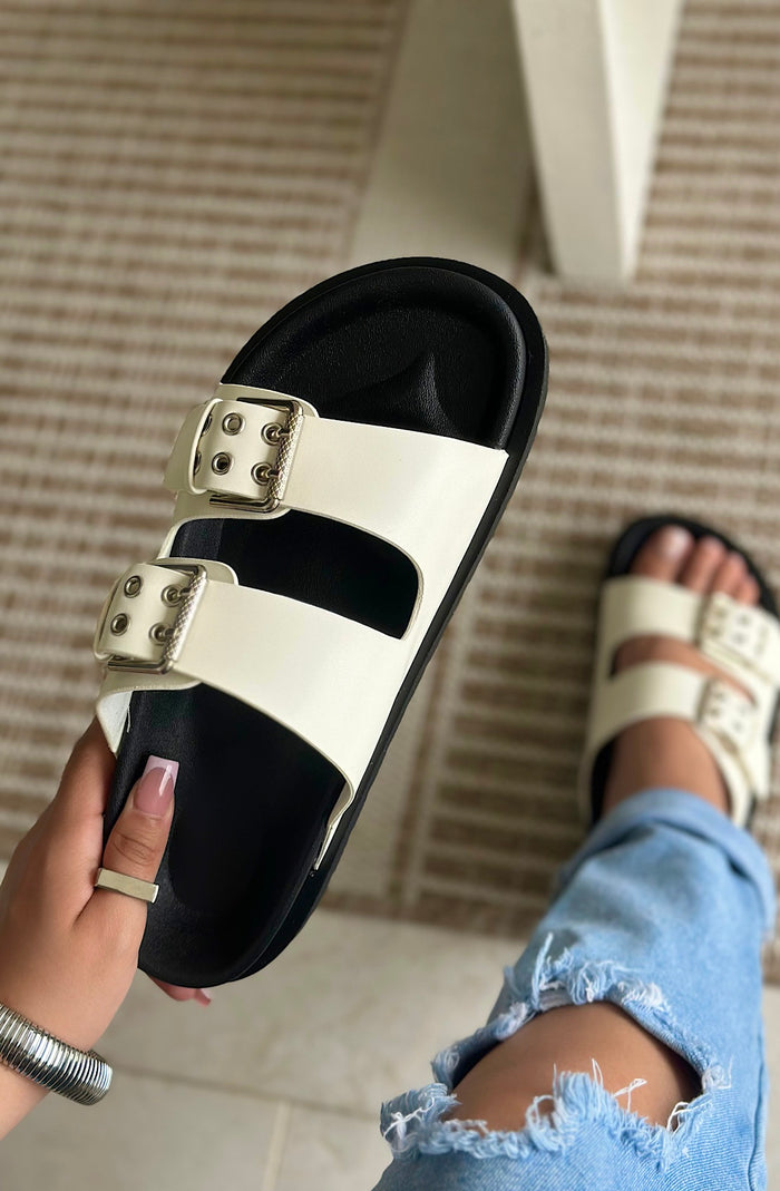 White Buckle Slide Sandals