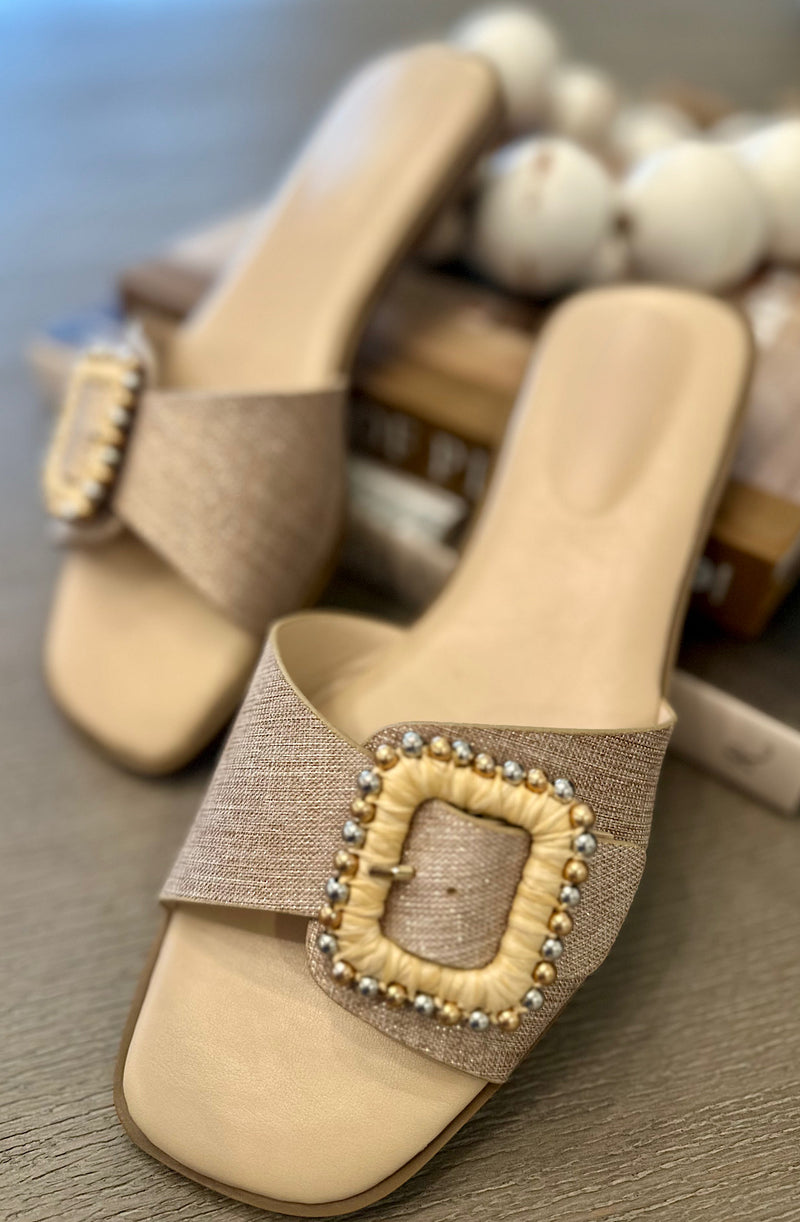 Gold Linen Square buckle Sandals