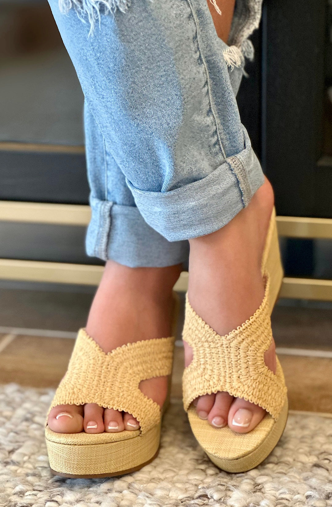 Raffia Slide-On Wedge Mules