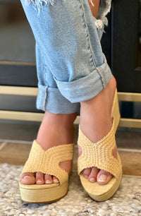 Raffia Slide-On Wedge Mules