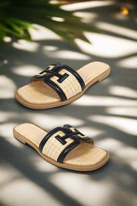 Black Raffia Square Toe Sandals