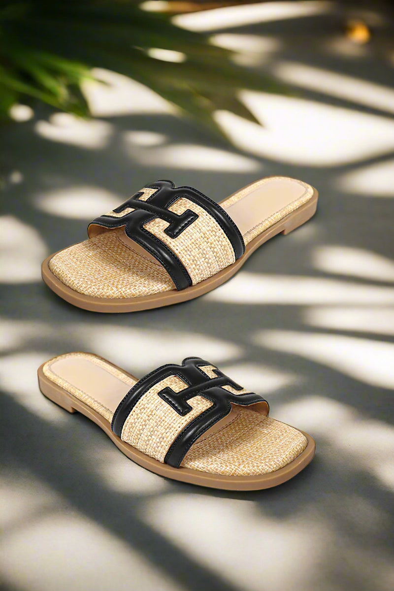 Black Raffia Square Toe Sandals