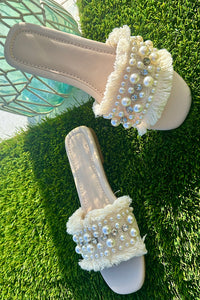 Pearl Embellished Woven Slide Sandals