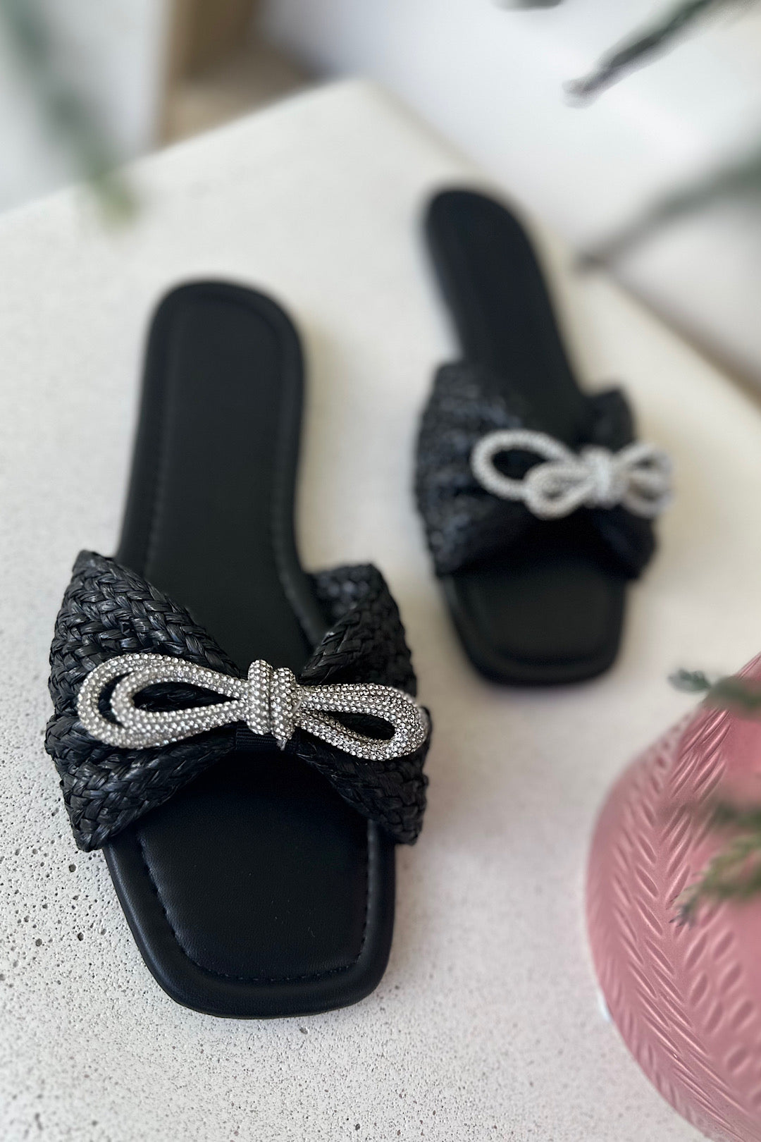 Bow Rhinestone Sandals Black