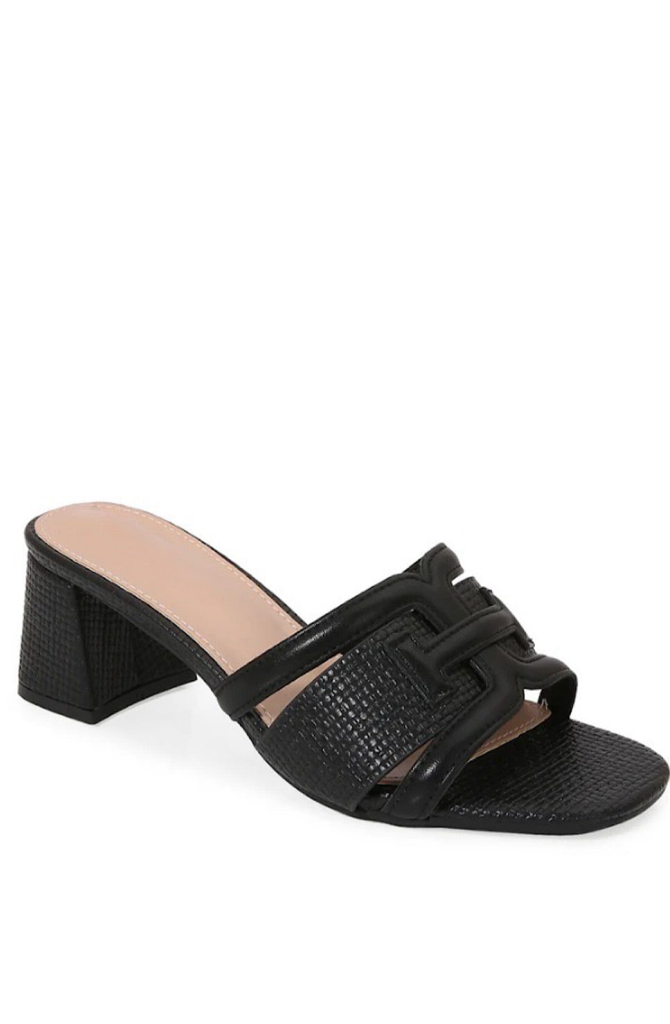 Black Raffia Block Heel Slide Sandals