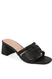 Black Raffia Block Heel Slide Sandals