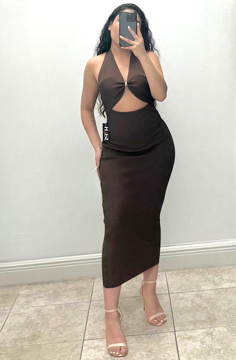 Brown Knit Midi Dress