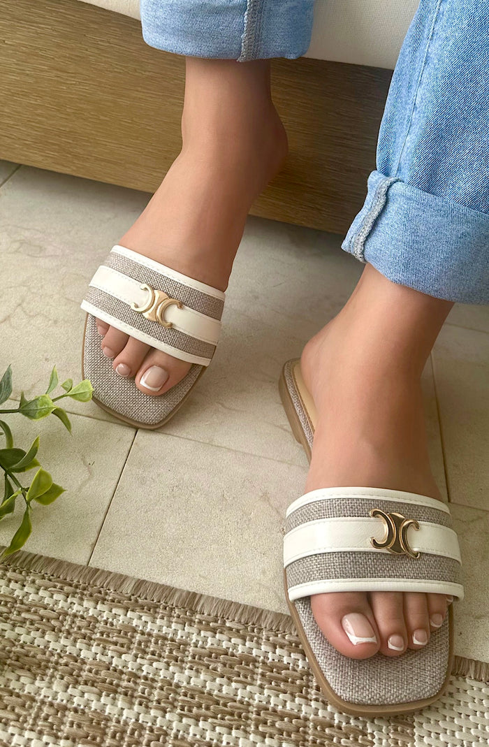 White  Sunscape Raffia Slide Sandals