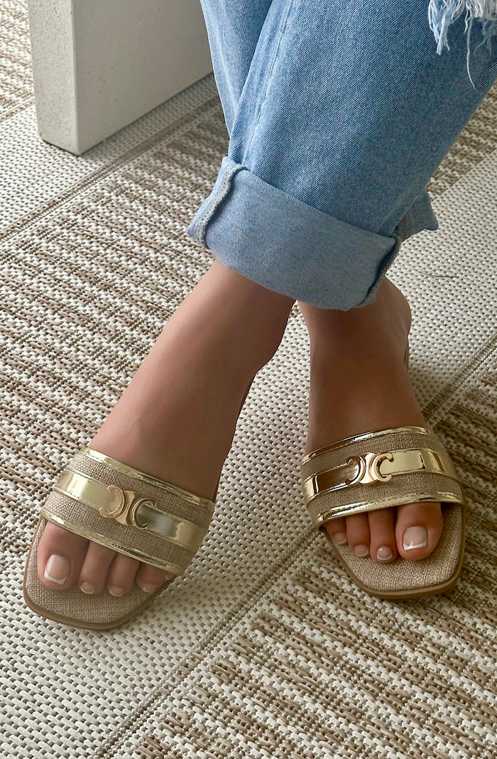 Gold Sunscape Raffia Slide Sandals