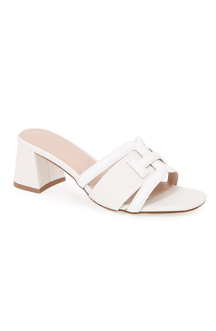 White Raffia Block Heel Slide Sandals