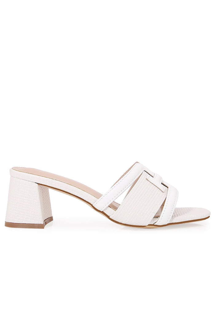 White Raffia Block Heel Slide Sandals