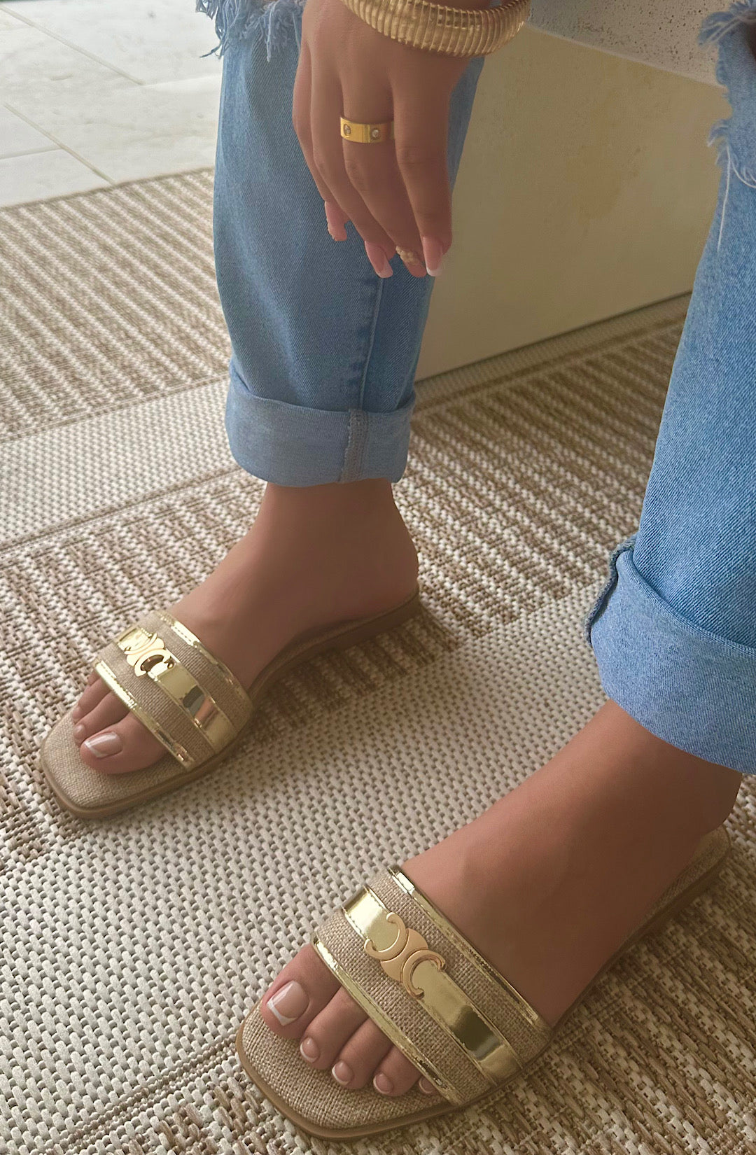 Gold Sunscape Raffia Slide Sandals