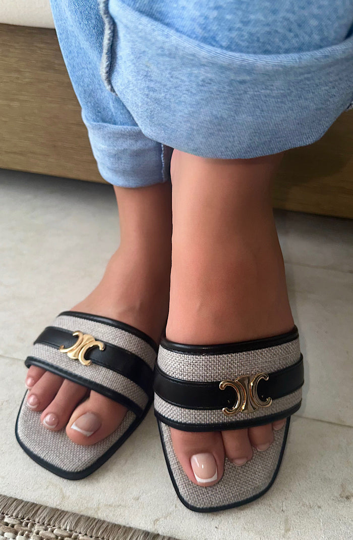 Black Sunscape Raffia Slide Sandals