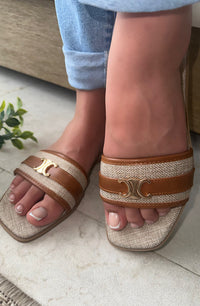 Tan Sunscape Raffia Slide Sandals