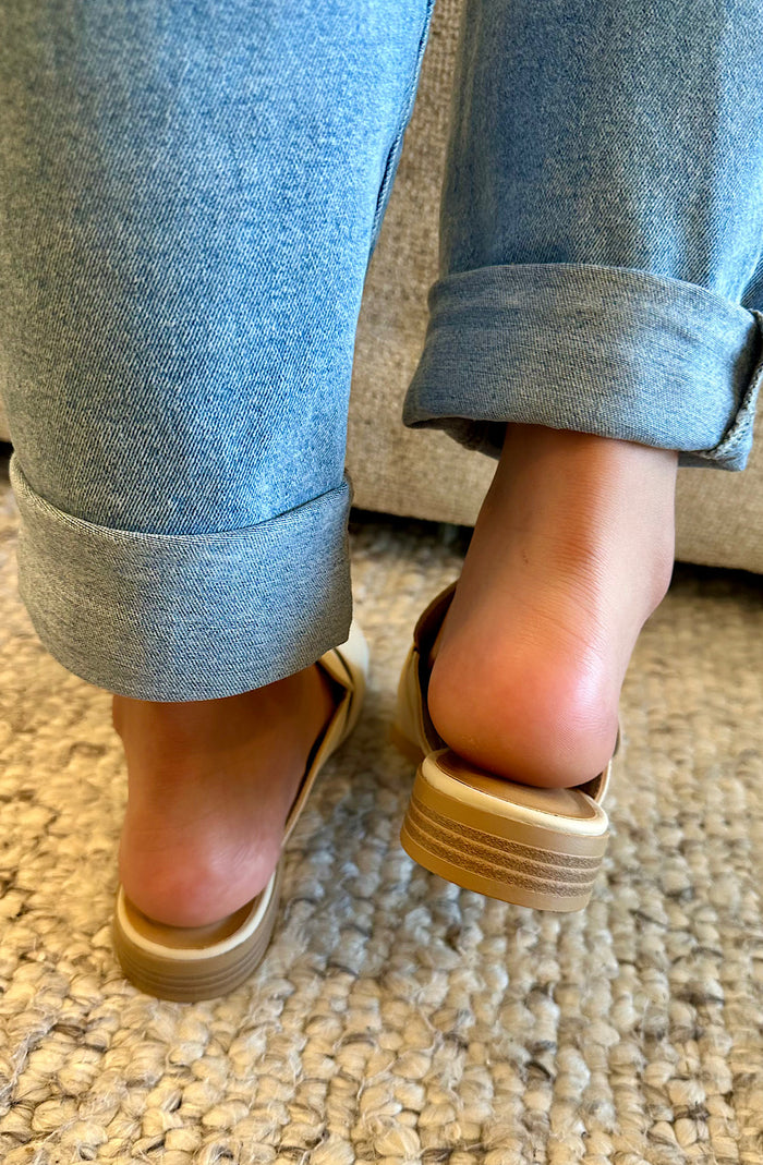 Beige Gold Buckle Loafers