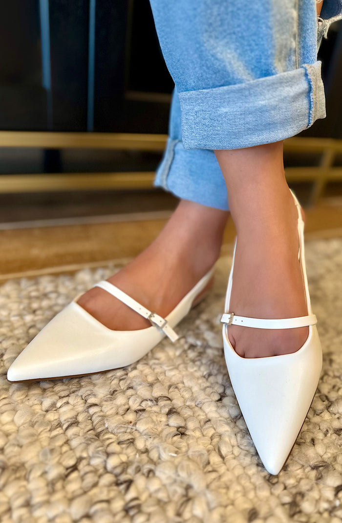 White Pointed Toe Slingback Flats