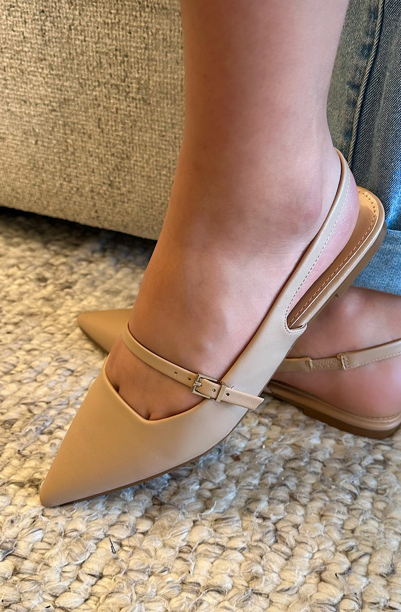 Beige Pointed Toe Slingback Flats