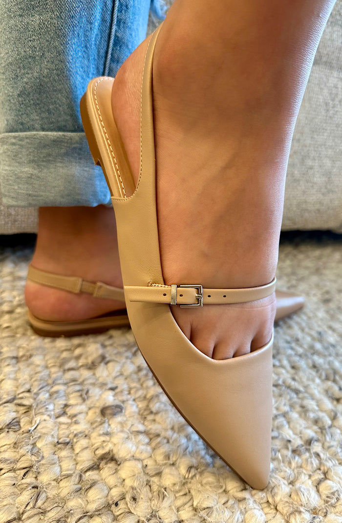 Beige Pointed Toe Slingback Flats