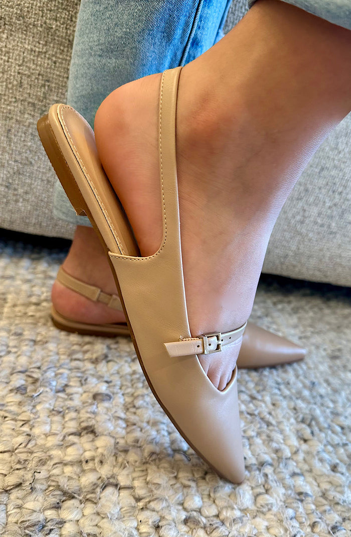 Beige Pointed Toe Slingback Flats