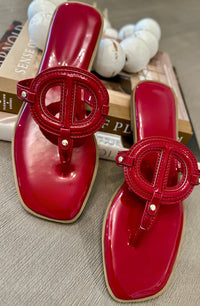 Glossy Emblem T-Strap Sandals