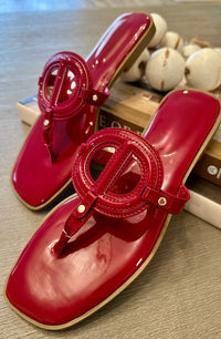 Glossy Emblem T-Strap Sandals