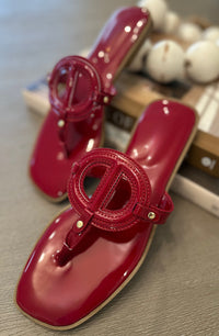 Glossy Emblem T-Strap Sandals