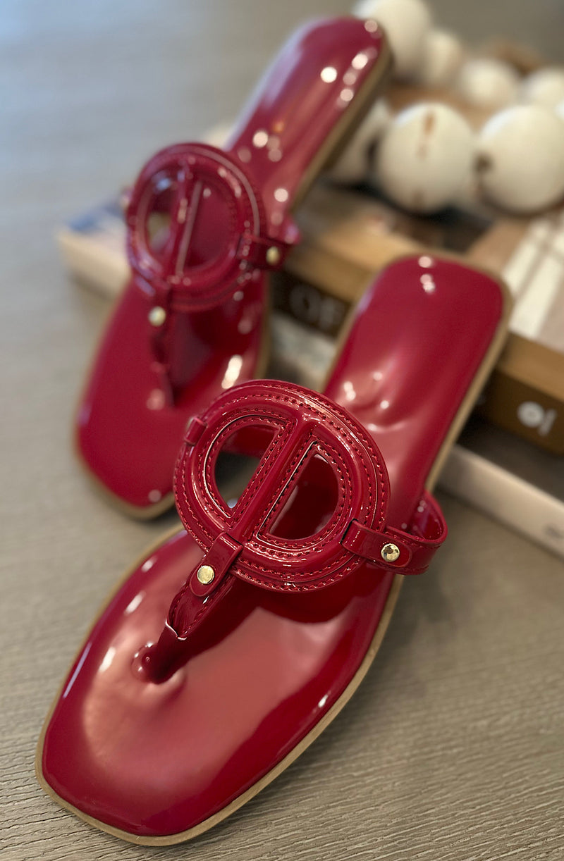 Glossy Emblem T-Strap Sandals
