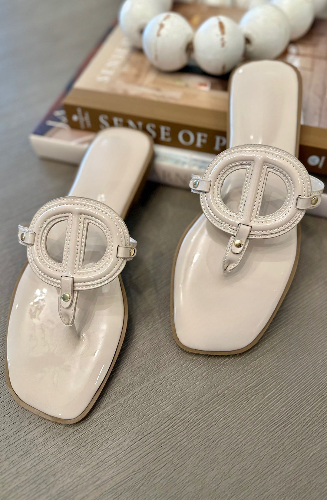 Ivory Glossy Emblem T-Strap Sandals
