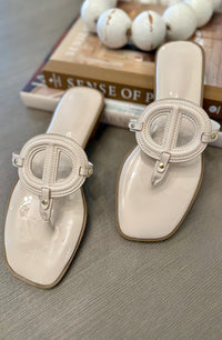 Ivory Glossy Emblem T-Strap Sandals