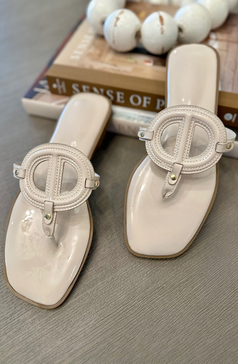 Ivory Glossy Emblem T-Strap Sandals