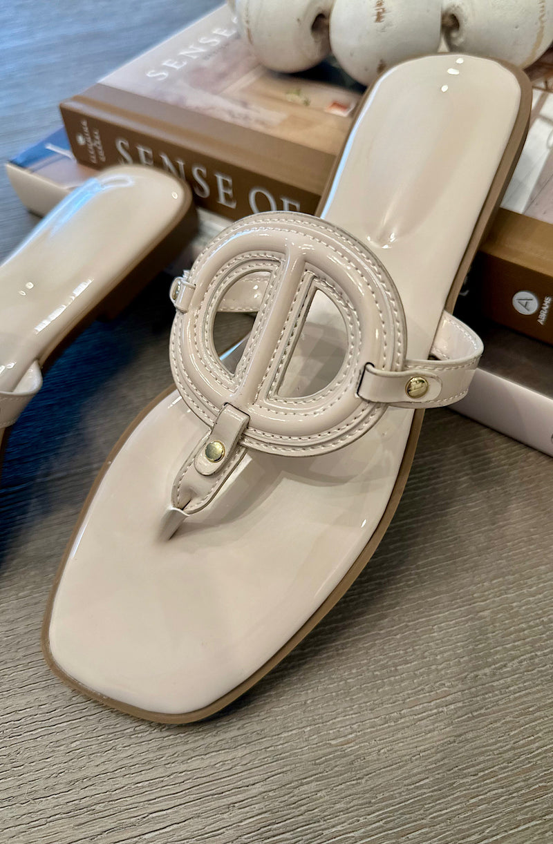 Ivory Glossy Emblem T-Strap Sandals