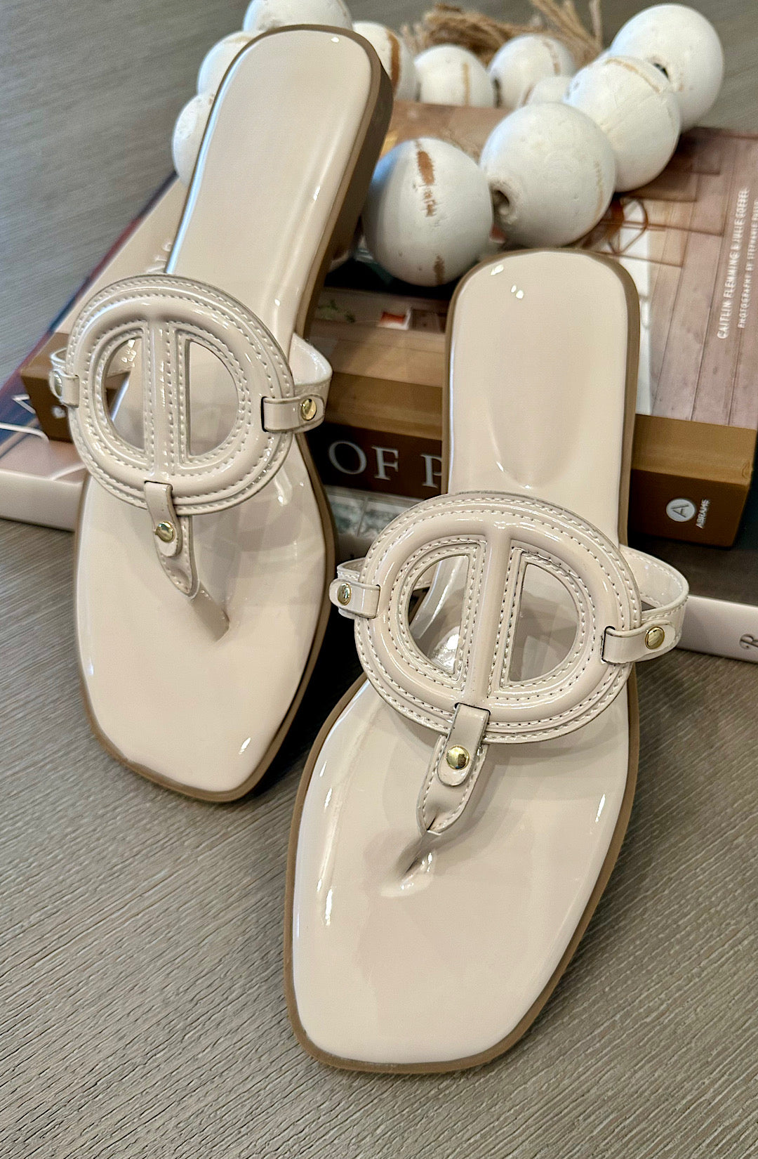 Ivory Glossy Emblem T-Strap Sandals