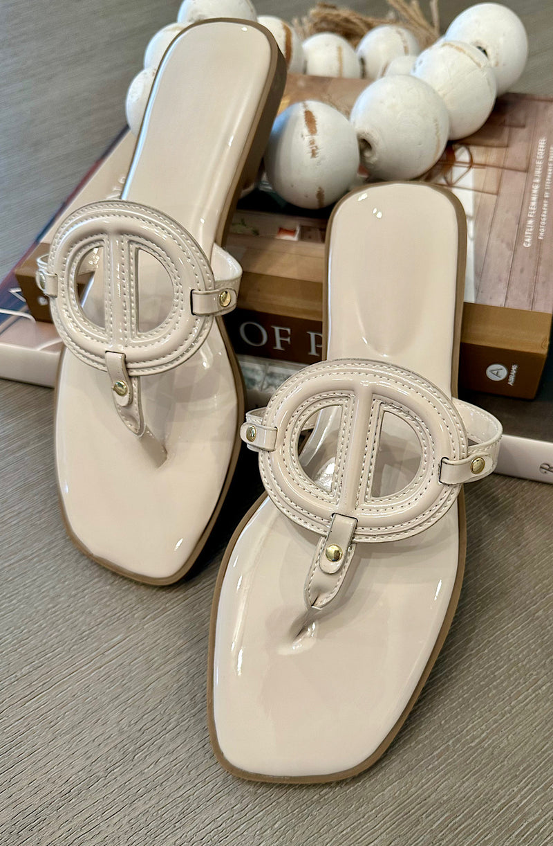 Ivory Glossy Emblem T-Strap Sandals