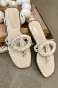Ivory Glossy Emblem T-Strap Sandals