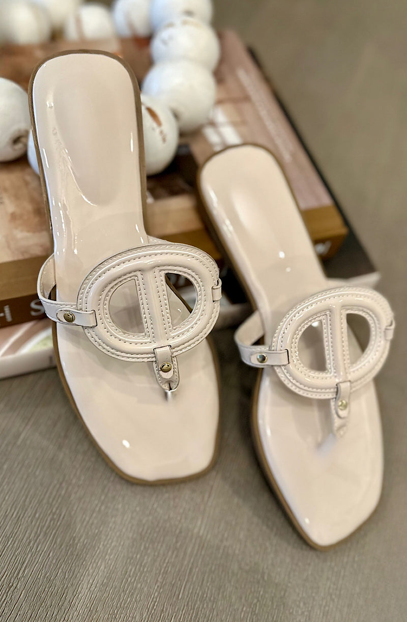 Ivory Glossy Emblem T-Strap Sandals
