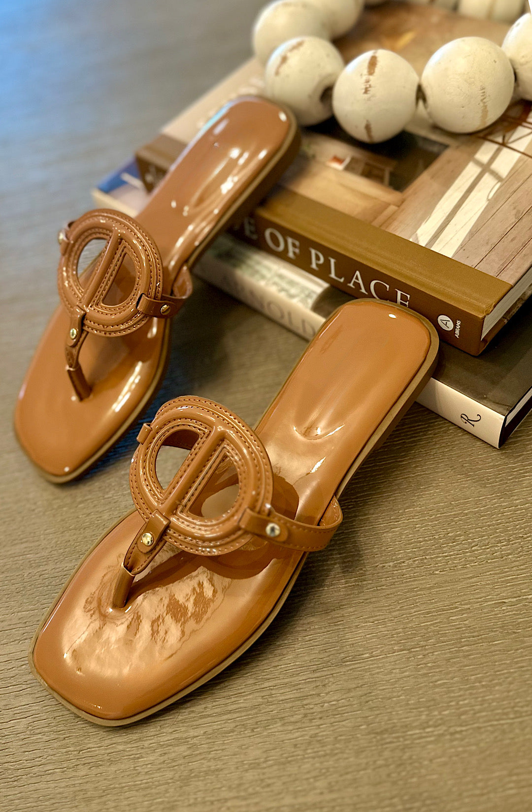 Tan  Glossy Emblem T-Strap Sandals