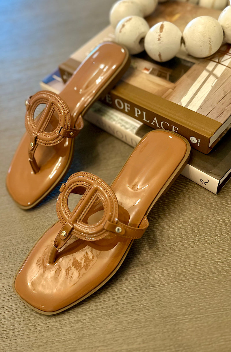 Tan  Glossy Emblem T-Strap Sandals