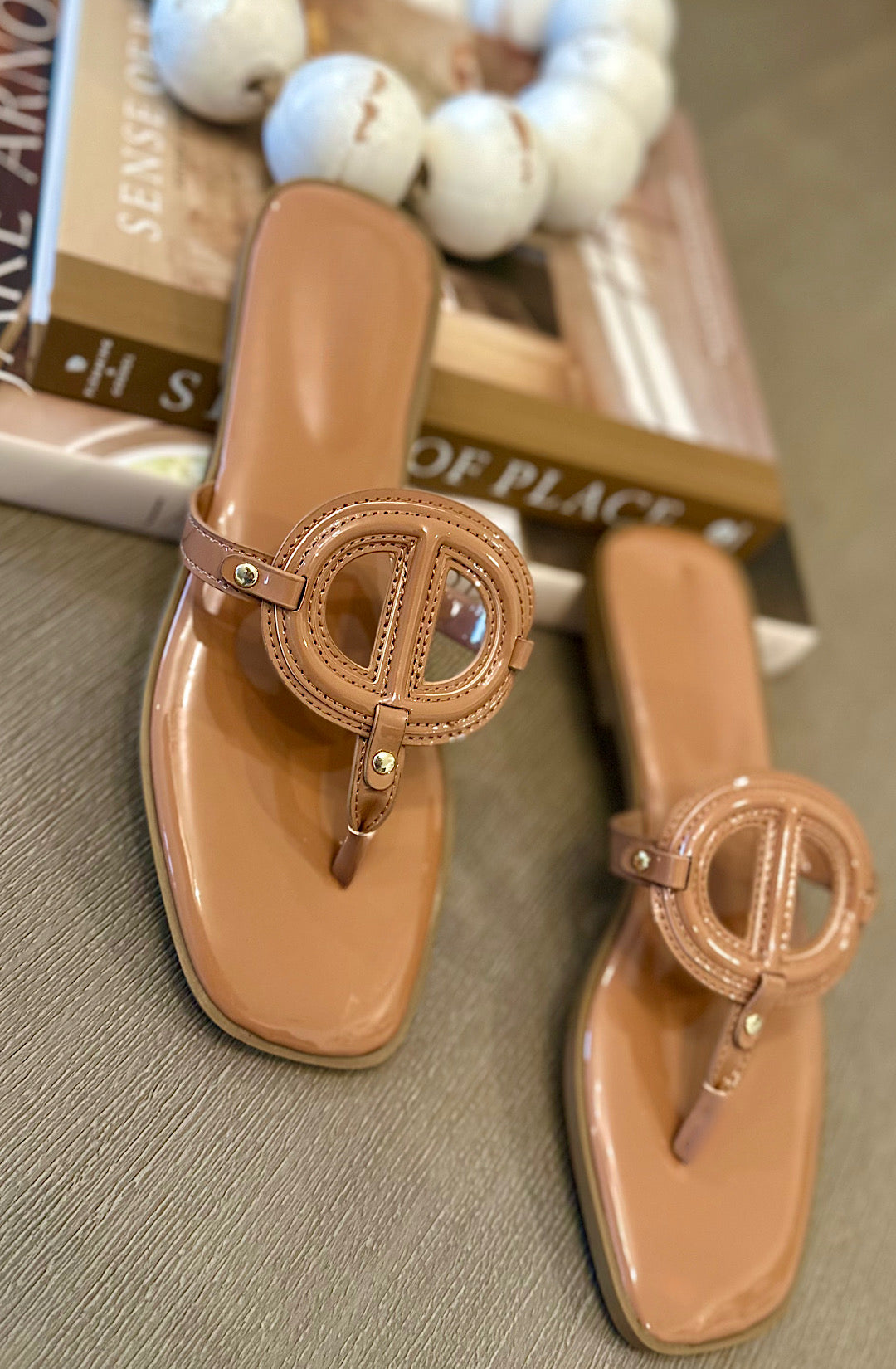 Tan  Glossy Emblem T-Strap Sandals