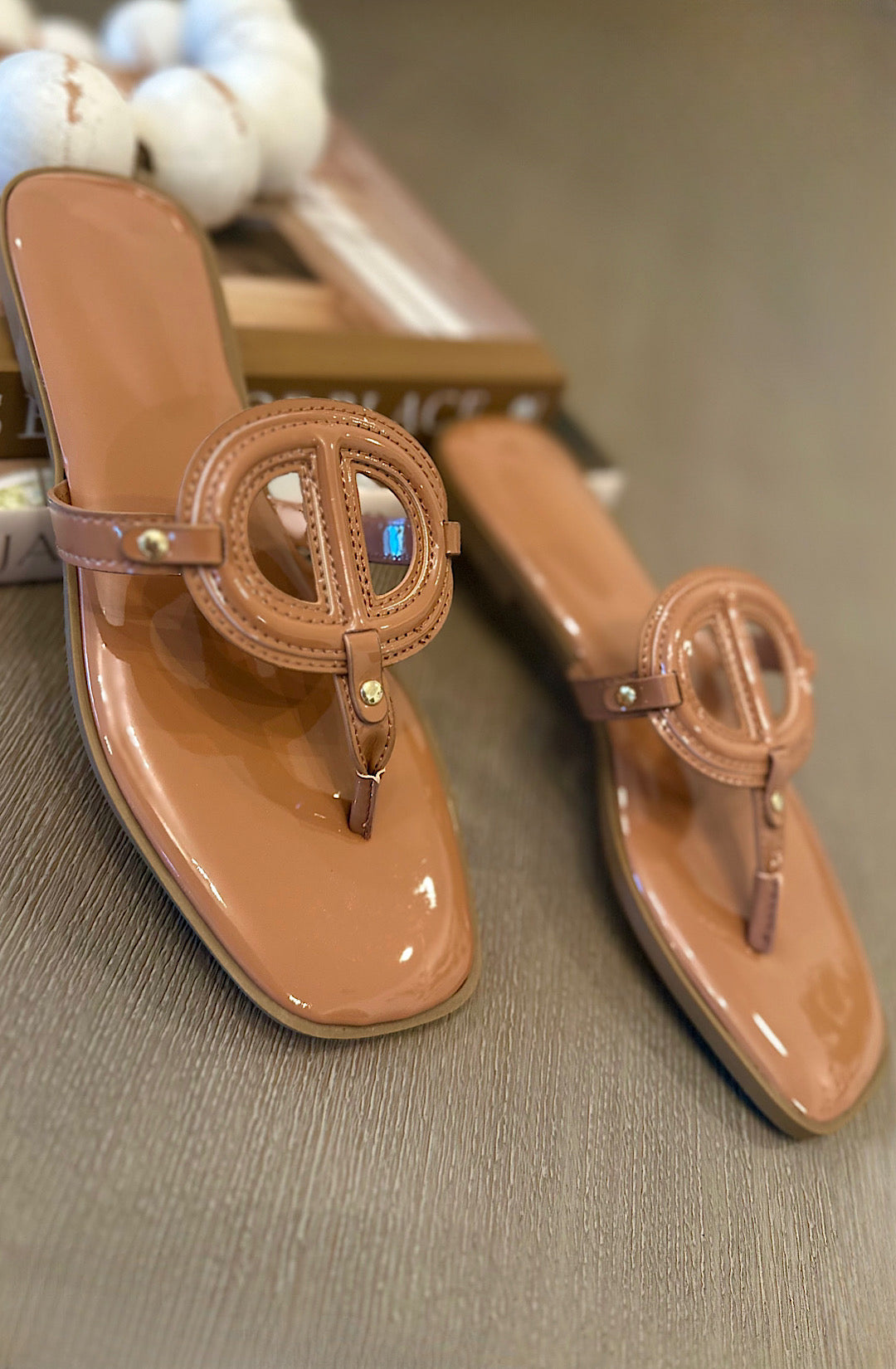 Tan  Glossy Emblem T-Strap Sandals