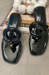 Black  Glossy Emblem T-Strap Sandals