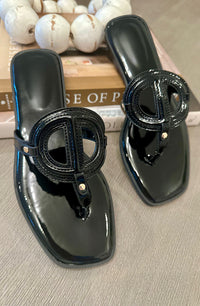 Black  Glossy Emblem T-Strap Sandals