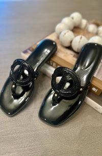 Black  Glossy Emblem T-Strap Sandals