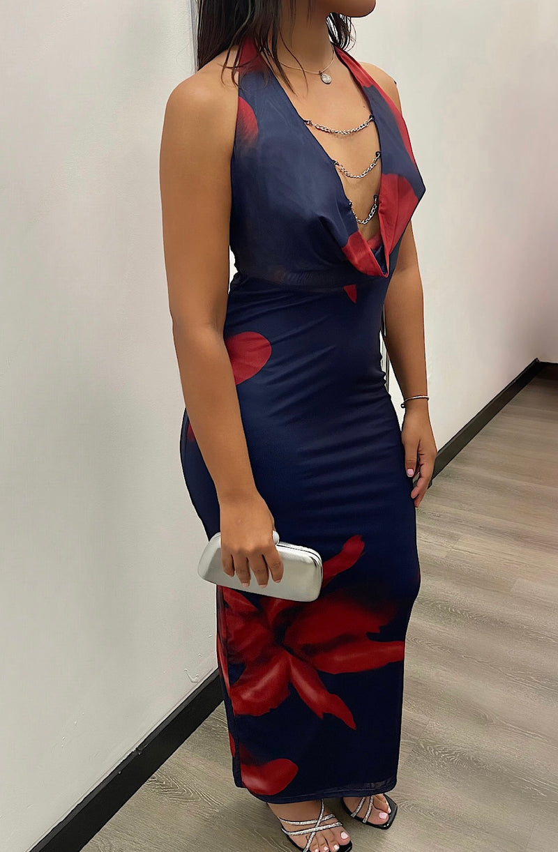 Navy Double Mesh Halter Maxi Dress
