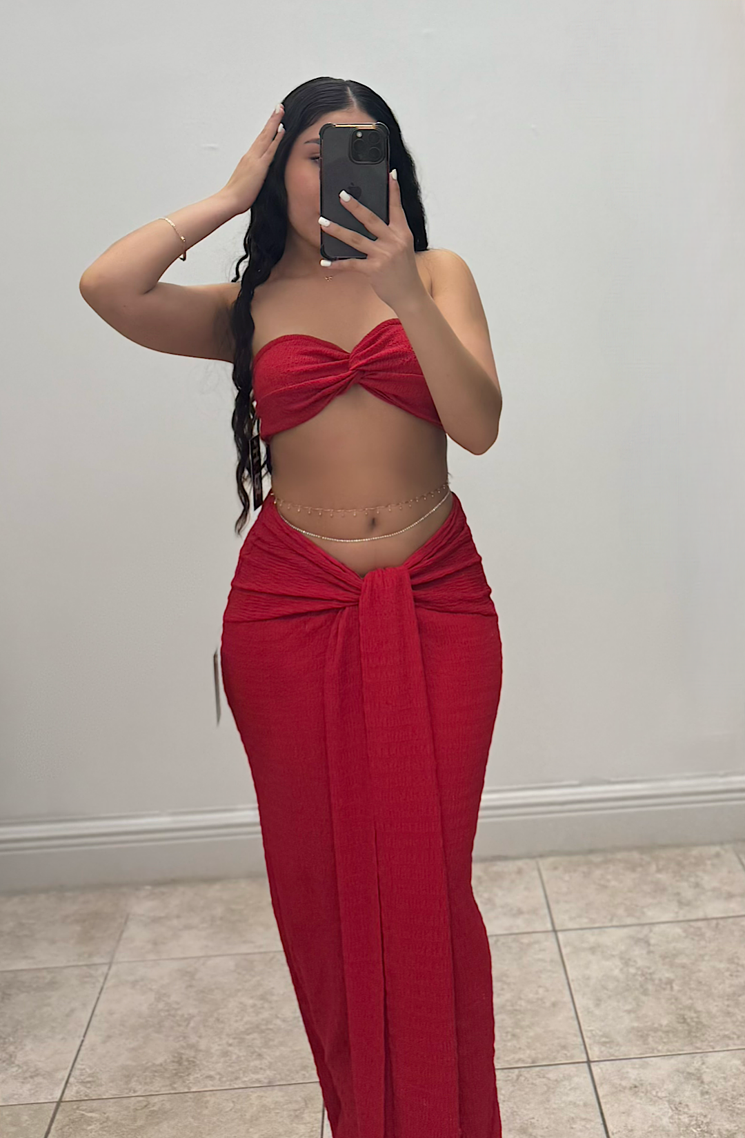 Two-Piece Red Bandeau & Drape Skirt Set