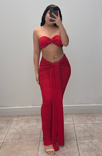 Two-Piece Red Bandeau & Drape Skirt Set